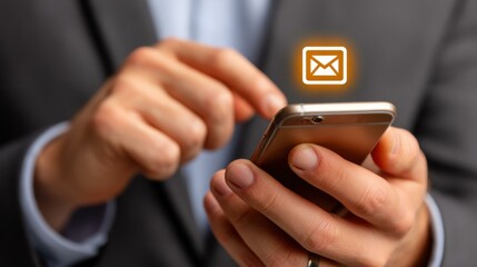 A businessman uses his smartphone to send emails to clients, showcasing modern email marketing and online communication.