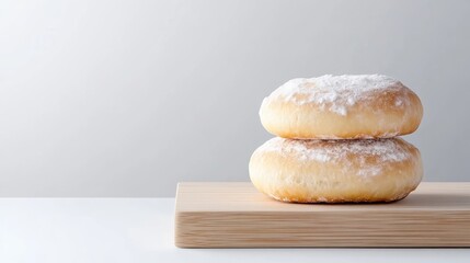 Two sugared doughnuts stacked on a light wooden board against a plain background.