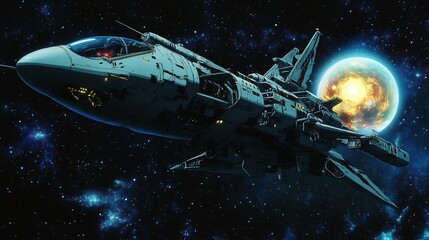 Futuristic anime spaceship soaring through space with a glowing planet in the distance