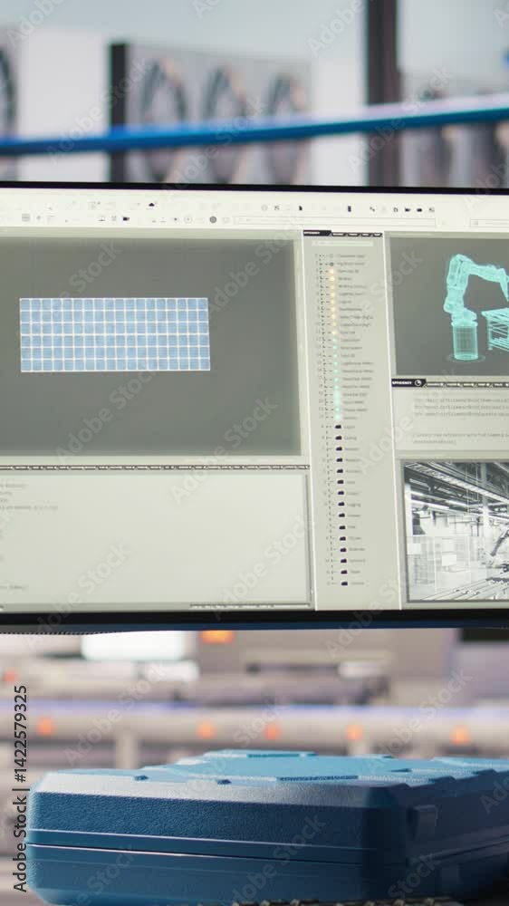 Poster vertical video monitor in smart photovoltaics factory analyzing performance data to optimize operati
