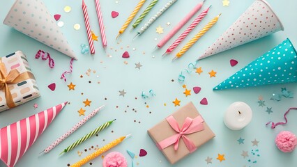Obraz premium A flat lay of party hats, gifts, candles, and confetti on a light blue background for a festive occasion
