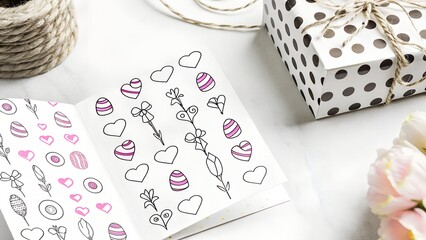 A flat lay showcasing an open notebook with heart and easter egg doodles, gift box and flowers on a table