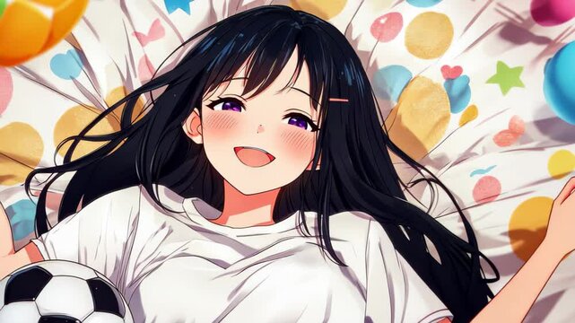 A cozy scene of a s animeinspired French girl smiling in bed, with cartoonish charm and round features.