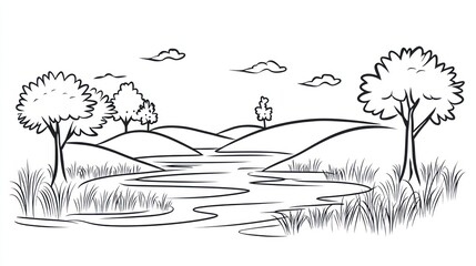 Fototapeta premium Serene river landscape, rolling hills, trees, idyllic scene; coloring book page