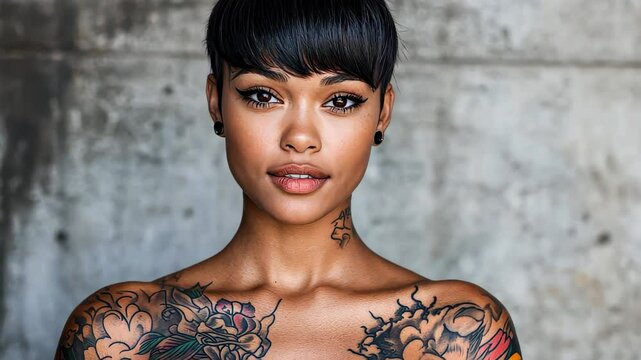 A bold young woman flaunts her vibrant tattoos, exuding confidence against a raw, industrial scenery.