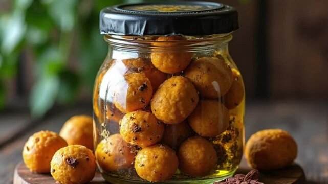Delicious Spicy Mango Pickle in Jar Golden Oil Dark Wood Background