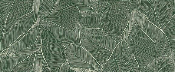Intricate Line Art: Olive Green Tropical Leaf Pattern