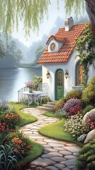 Lakeside Cottage: Serene Stone Path and Blooming Garden