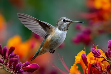 Obraz premium Hummingbird in flight sips nectar near vibrant blossoms, displaying nature's beauty