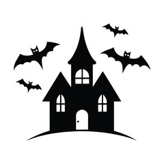 Haunted House with Bats Flying Silhouette