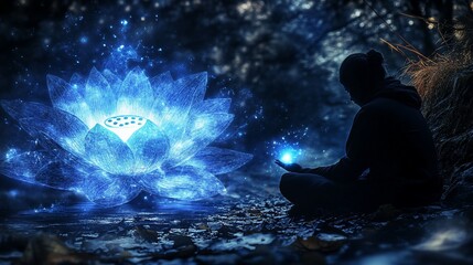 Obraz premium Person meditating near glowing lotus, forest night