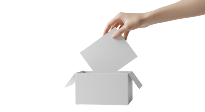  person's hand placing a white object, possibly a ballot or suggestion, into a simple white box, symbolizing voting, feedback, donations, or anonymous submissions.