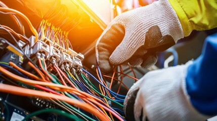 Worker Wearing Gloves Safely Handling Electrical Wiring with Tools