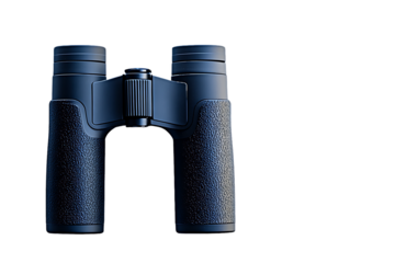 Textured navy binoculars, optical instrument on white background.