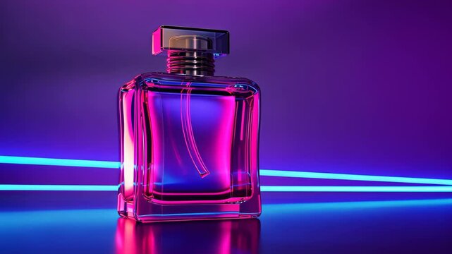 A clear glass perfume bottle set against a vibrant neon light backdrop, Ai Generated