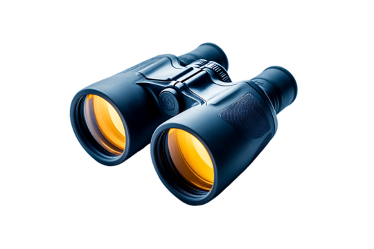 Optical binoculars, golden lens glare, isolated on white.