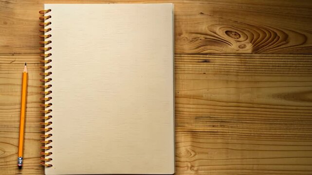 A top view reveals an open spiral blank paper notebook with a pencil resting on a wooden table desk background, Ai Generated.
