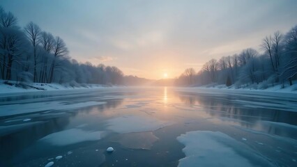 Frozen River Sunset: Winter Serenity, Ice Floes & Silhouetted Trees