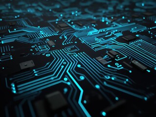 A complex network of illuminated blue circuits interweaves on a dark surface, symbolizing technology and connectivity.