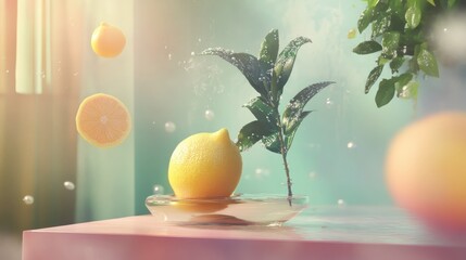 Vibrant citrus fruit display in a soft, pastel setting.