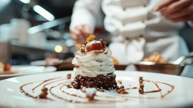 A chef meticulously plates a dessert in a professional kitchen setting.