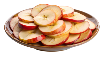 Delicious sliced apples piled high on a rustic brown plate for serving