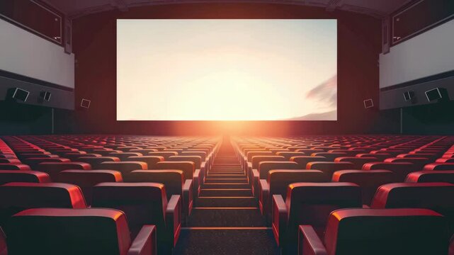 Empty cinema seats and a projector screen in theater. Ambiance lighting creates a cinematic atmosphere for movie nights.