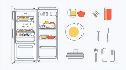 Open refrigerator showing food and kitchenware