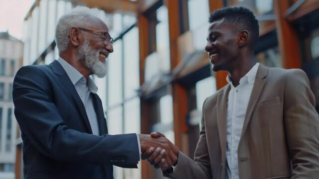 Business handshake between two men in suits with a city background.