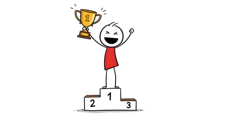 Stick Figure Winning Podium with Hand-Drawn Style, White Background