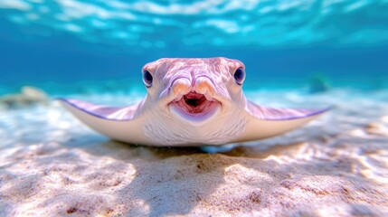 Close-up of a curious stingray in shallow tropical waters, mouth open