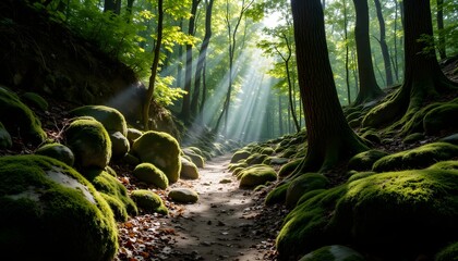 Obraz premium Untouched Trail Through Deep Forest with Sunlight and Mossy Stones