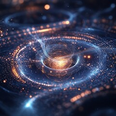 Abstract swirling vortex of light and particles.  Complex energy flow, intricate patterns, glowing cosmic energy,  intriguing digital art,  technological visualization