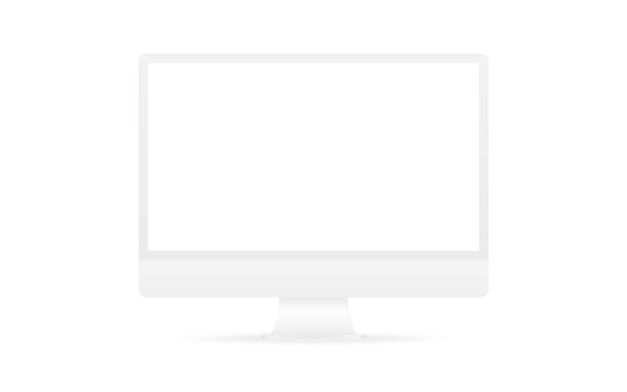 Monitor mockup with blank screen. White computer or desktop isolated on clean background. Template for project, website or branding presentation. Vector illustration.