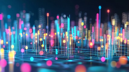 Futuristic city data visualization.  Abstract representation of a modern metropolis, showing interconnected data streams, dynamic information flow, and colorful digital signals. 