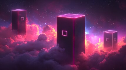Dark, glowing, cube structures, floating above vibrant clouds in a night sky
