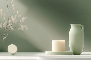 Calm, minimalist,  green aesthetic scene with a vase and candle
