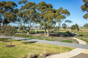 A pathway curves through a landscaped park with tall eucalyptus trees.The manicured grass, native plantings in a recreational space in Melbourne's urban fringe. Wyndham Vale, Australia,