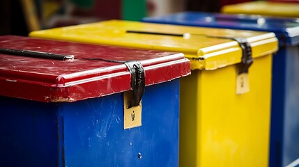 Colorful ballot boxes lined up.  Three separate, distinct containers for voting materials, in various colors.  Exterior shows signs of use or time