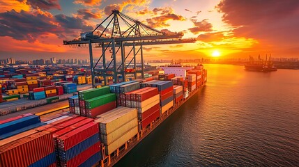 Shipping containers at sunset port.  Cargo ship docked at busy port, cranes loading/unloading, vibrant colors of containers, golden hour sky