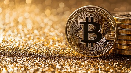 Golden Bitcoin Coins on Glittery Surface
