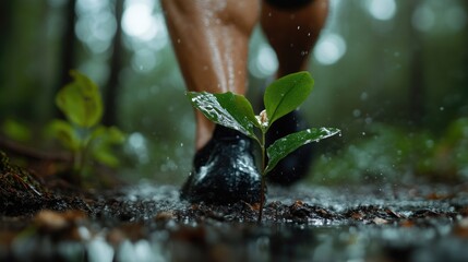 Athlete steps over a small plant in a wet forest