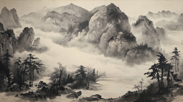 霧がたなびく峡谷の山並みを描いた幻想的な水墨画