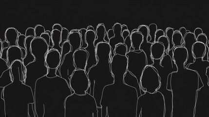 Continuous one line silhouette of a crowd of people back view. Vector illustration. 