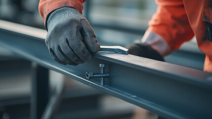 Construction Worker Tightening Bolt on Steel Beam