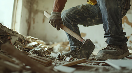 Construction Worker Using a Sledgehammer for Demolition