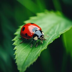 Fototapeta premium Close-Up of a Vibrant Red Ladybug on a Green Leaf Surface
