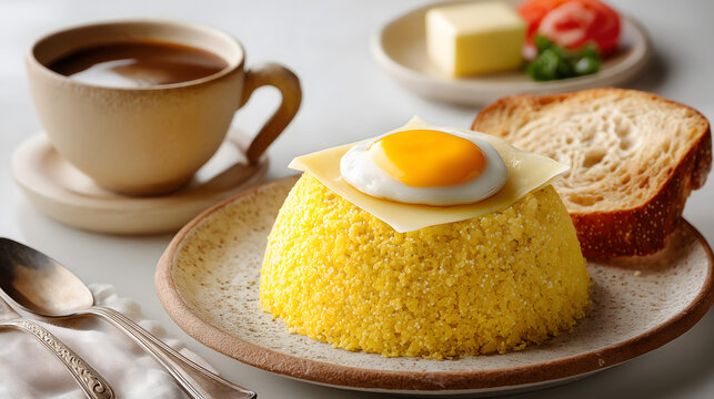 Classic Northeastern Brazilian Cuscuz with Egg, Cheese, and Coffee