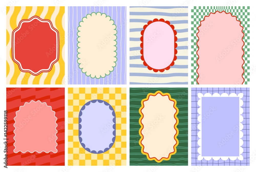 Poster Wavy Scallop Frames. Wave Border Shapes with Scalloped Edges. Vector Retro Patterns with Cute Colored Frames