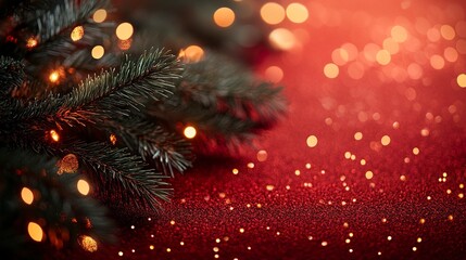 Fototapeta premium Holiday frame made of evergreen branches and golden bokeh lights on red textile backdrop 